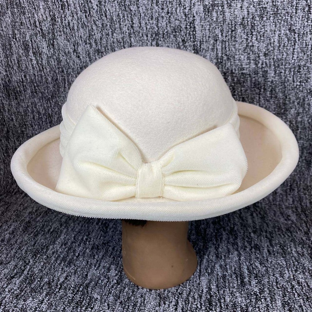 VTG Deborah Fashions Cloche Hat Women One Sz Cream Wool Bow Accent Vintage USA
